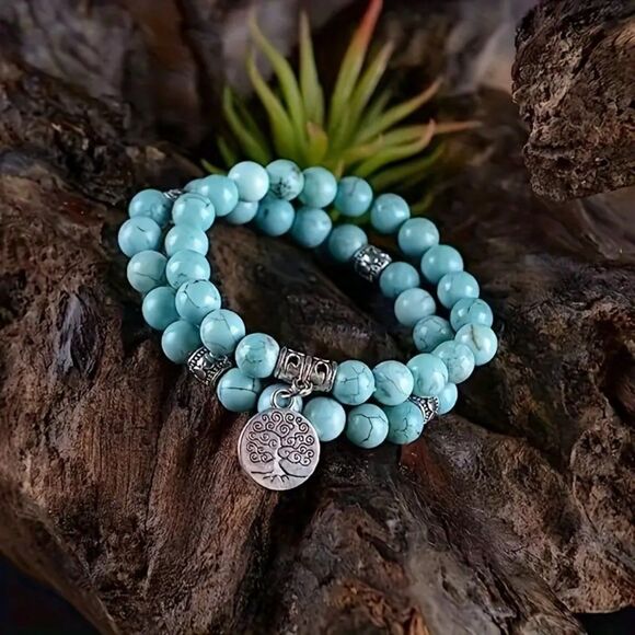 2 Turquoise Stretch Beaded Charm Bracelet Set Silver Healing Tree of Life Boho - Picture 2 of 7